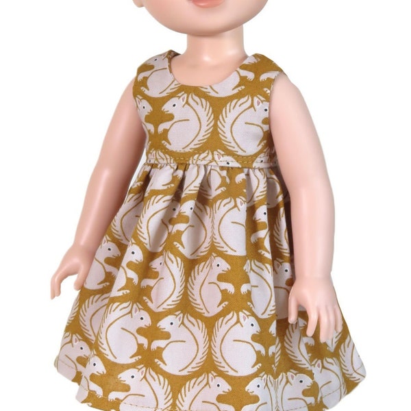 14 inch doll dress.  Golden brown with grey squirrel print.