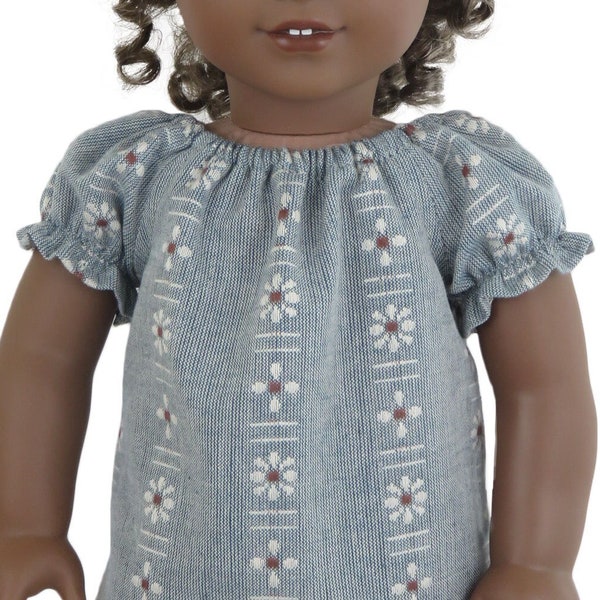 18 inch doll top.  Denim blue with woven daisy print.  Short sleeves.  American made girl doll clothes.