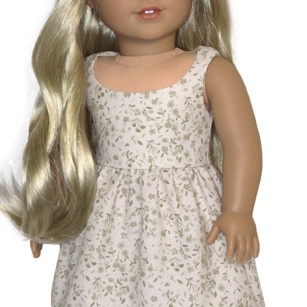 18 inch doll dress.  Cream cotton with green floral print.  American made girl doll clothes.