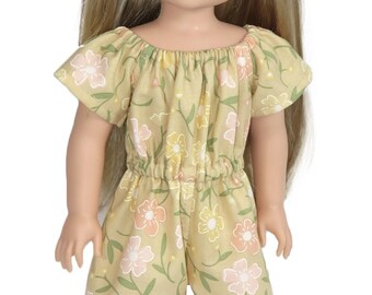 14 inch doll romper.  Yellow with floral print.