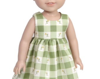 14 inch doll dress.  Green and white plaid with yellow flowers.