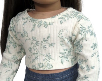 18" doll crop top.  Upcycled cream and teal floral with long sleeves.  American made girl doll clothes.