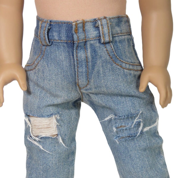 18 inch doll jeans.  Distressed denim jeans with rips.  American made girl or boy doll clothes.