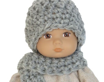 8" baby doll hat and scarf.  Crochet beanie and scarf.  Gray.