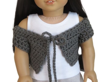18 inch doll cardigan.  Dark gray cotton crochet crop sweater.  Off shoulder design.  Tie front.