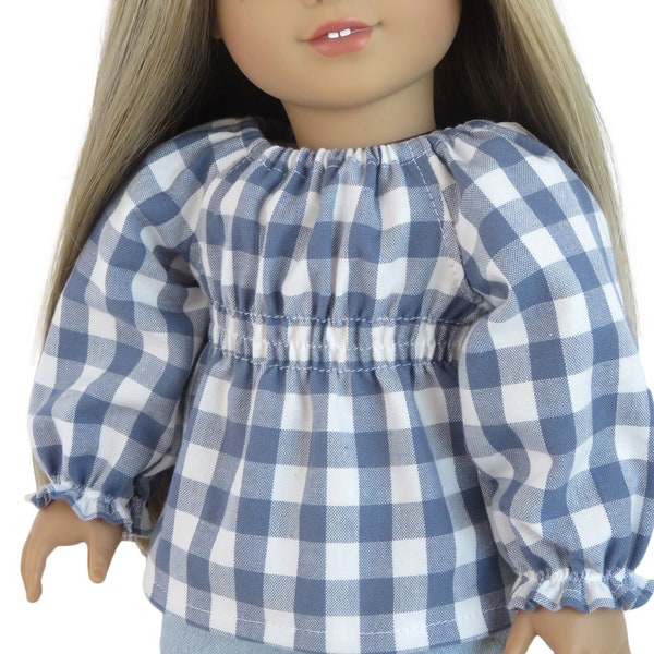 18" doll top.  Blue and white gingham blouse with shirred bodice and long sleeves.  American made girl doll clothes.
