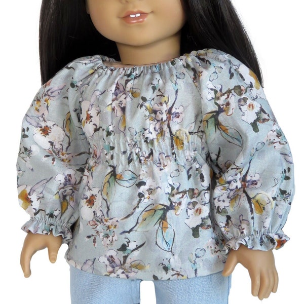 18" doll top.  Light blue floral print with shirred bodice and long sleeves.  American made girl doll clothes.