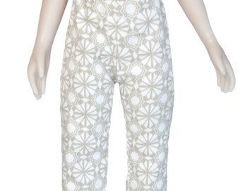 12" doll pants.  Upcycled gray and white pants with circular floral print.  Fits Siblies.