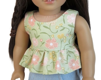 18" doll top.  Green babydoll top with pastel floral print.  American made girl doll clothes.