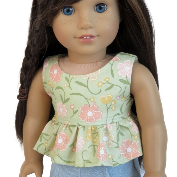 18" doll top.  Green babydoll top with pastel floral print.  American made girl doll clothes.