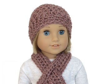 18 inch doll hat and scarf.  Clay.  American made girl or boy doll beanie and keyhole scarf.