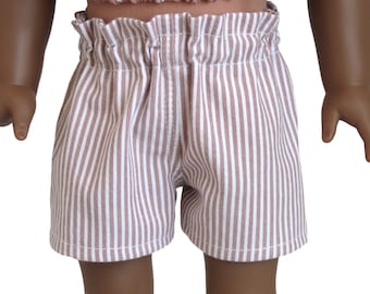 18 inch doll paper bag shorts.  Mauve pink and white stripes.  18 inch American made girl doll clothes.