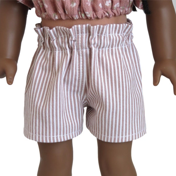 18 inch doll paper bag shorts.  Mauve pink and white stripes.  18 inch American made girl doll clothes.