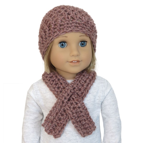 18 inch doll hat and scarf.  Clay.  American made girl or boy doll beanie and keyhole scarf.