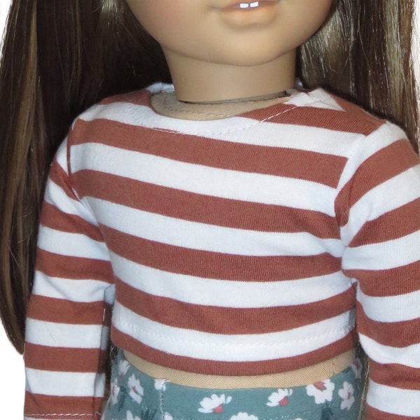 18" doll cinnamon and white striped crop top.  Long sleeves. 18 inch American made girl doll clothes.