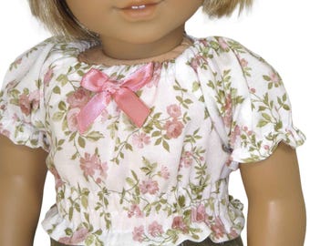 18" doll top.  White Lobelia blouse with pink shabby chic roses.  American made girl doll clothes.