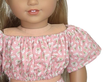 18" doll crop top.  Pink and white floral print peasant blouse.  American made girl doll clothes.