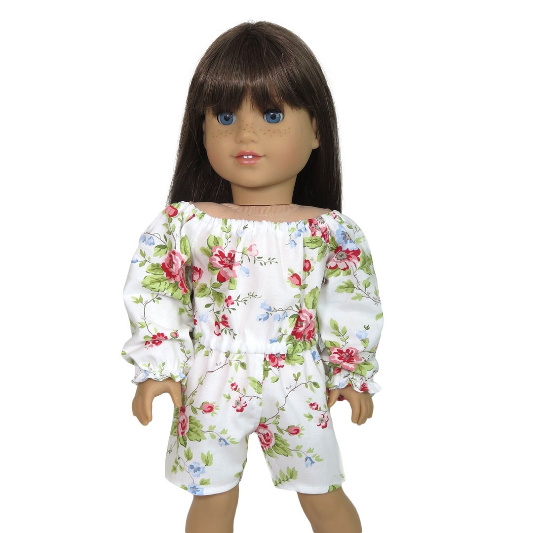 18 Inch Doll Romper. White Cotton With Shabby Roses Print. Long Sleeves