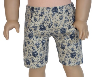 18 inch doll shorts.  Tan and navy blue roses. Two front pockets. American made girl doll clothes.