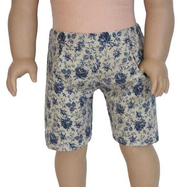 18 inch doll shorts.  Tan and navy blue roses. Two front pockets. American made girl doll clothes.