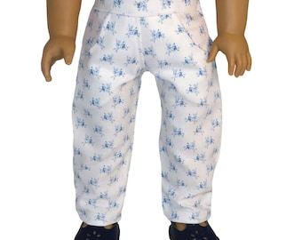 18" doll pants.  White with blue floral print.  American made girl and boy doll clothes.