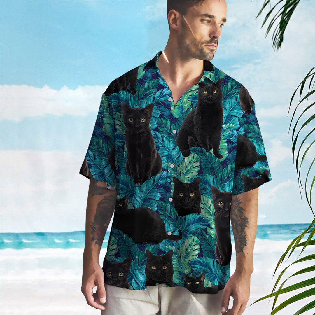 Black Cat Hawaiian Shirt Black Cat Beach Shirt Black Cat Etsy