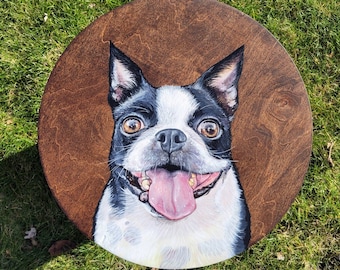 Custom Boston Terrier Dog Portrait on Wood Painting Round Accent Wood Art Modern Decor Memorial Scandinavian Personalized Pet Gift Circle