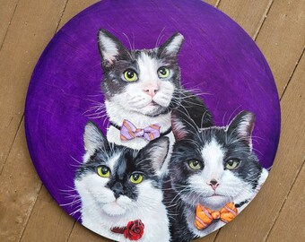 Custom Cat Portrait Painting Personalized Multiple Triple Cats Wood Round Art Modern Decor Pet Memorial Love Circular Boho Wall