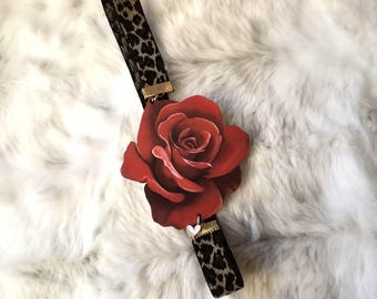 Red Rose Bookmark / Floral Book Accessory / Handmade Elastic Ribbon Bookmark / Planner Holder / Valentines Day Gift