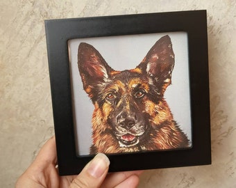 Dog Portrait Framed Art Print, Hand Embellished Canvas Paper, 4x4 Gallery Wall Art