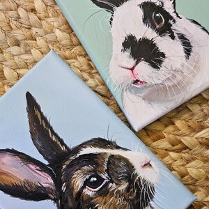 May include: Two paintings of rabbits on canvas. The first painting is of a black and white rabbit with pink ears on a light blue background. The second painting is of a brown and white rabbit with brown ears on a light blue background.