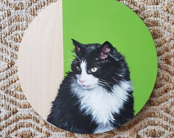 Custom Hand-Painted Cat Portrait on Wood Round — Personalized Pet Memorial Gift, Color Block Cat Art, Wood Circle Wall Decor, Cat Lover