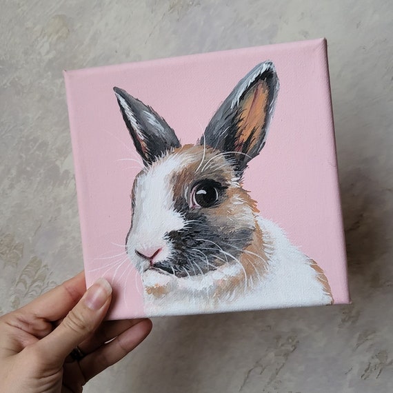 Custom Bunny Rabbit Portrait Painting Personalized on 6x6 5x7 Canvas Art Modern Decor Pet Memorial Love