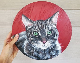 Tabby Cat Portrait Painting Custom Personalized on Wood Round Art Modern Decor Pet Memorial Kitty Color Blocking Circular Nordic Wall