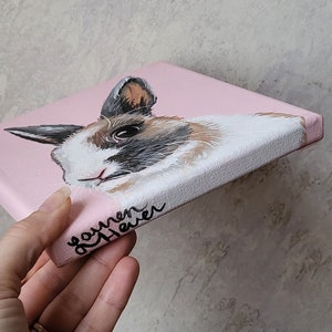 May include: A hand-painted canvas featuring a close-up portrait of a brown and white rabbit with black markings. The rabbit has a pink nose and large, dark eyes. The canvas is painted on a pink background and has the name "Lauren Haver" written on the side in black.