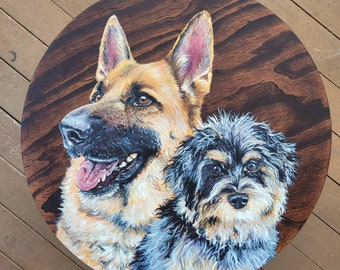Custom Dog Portrait Painting Personalized on Wood Round Art Modern Decor Double Pet Memorial Scandinavian Decor Circle Gift Boho Wall Nordic