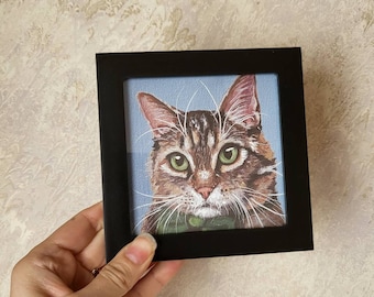Tabby Cat Portrait, Small Framed Art Print on Canvas, 4x4