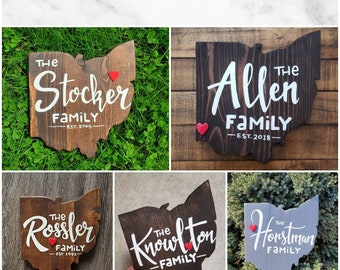 Custom Couple and Family Name Ohio Wood Home Decor Sign Wall Art Anniversary or Wedding Gift Ideas Present