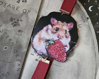 Hamster Eating Strawberry in a Hole Bookmark |  Elastic Ribbon Bookmark | Goblincore | Aesthetic Coquette BookTok Gift | Dark Academia Acorn