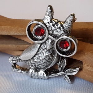 Vintage Scholarly Owl Brooch with Red Crystal Eyes