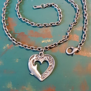 NEW Handmade All Pewter Necklace & Pendant Sisk Marked Heart w/ Dolphin