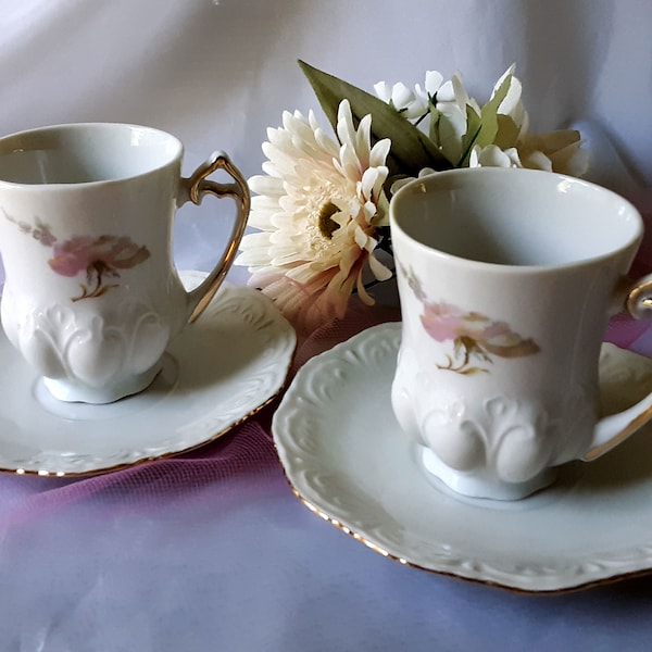 Pair of Winrose Collection Demitasse Cups and Saucers Marked Hand-painted Gold Accents in USA