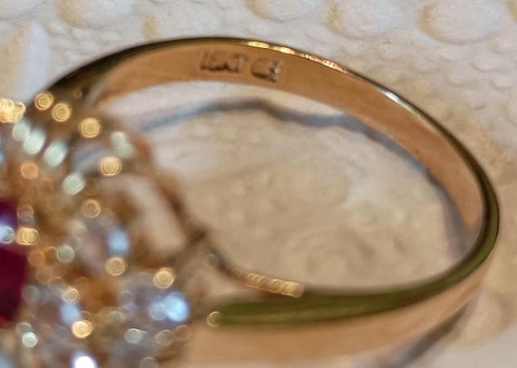 Unique 18K GE Cluster Ring with Ruby Red Focal St… - image 4