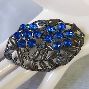 Bold Intricately Detailed Floral Vintage Pewter Brooch with Blue Rhinestones