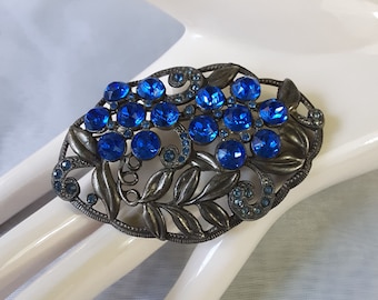 Bold Intricately Detailed Floral Vintage Pewter Brooch with Blue Rhinestones