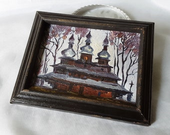 Église impressionniste originale de peinture à l'huile en bois Miniature encadrée 1992 marquée