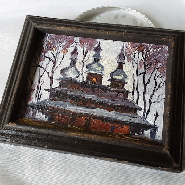 Original Impressionist Oil Painting Church in Woods Miniature Framed 1992 Marked