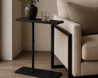 Slim Industrial Pipe and Wood Side Table | Narrow C-Shaped Side Table | Modern Style | Sofa End Table for Small Spaces | Modern Accent Table
