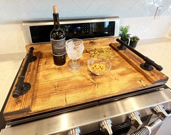 Rustic Wood Stove Top Cover with Industrial Pipe Handles | Decorative Serving Tray | Oven Cover | Farmhouse Kitchen Decor | Noodle Board