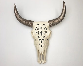 ANY COLOR Natural Filigree Bison Skull Wall Decor | Faux Taxidermy | Resin Buffalo | Animal Head | Decorative Southwestern Carved Cow Skull